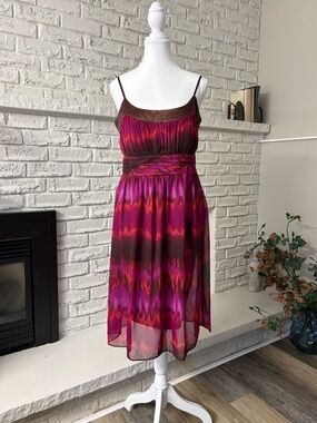 Sangria 100% Silk Watercolor Midi Dress - Y2K Boho - Pink & Maroon - Size 8